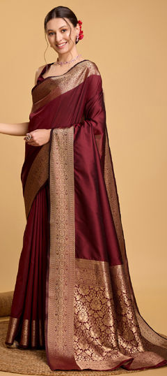 Red and Maroon color Saree in Art Silk fabric with Weaving, Zari work