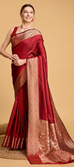 Red and Maroon color Saree in Art Silk fabric with Weaving, Zari work