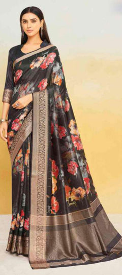 Black and Grey color Saree in Silk fabric with Floral, Printed, Weaving work