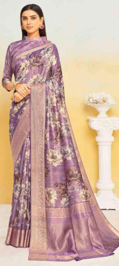 Purple and Violet color Saree in Silk fabric with Floral, Printed, Weaving work