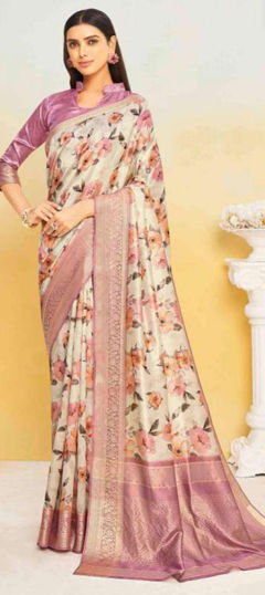 White and Off White color Saree in Silk fabric with Floral, Printed, Weaving work