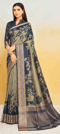 Beige and Brown, Blue color Saree in Silk fabric with Floral, Printed, Weaving work