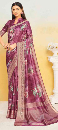 Pink and Majenta color Saree in Silk fabric with Floral, Printed, Weaving work