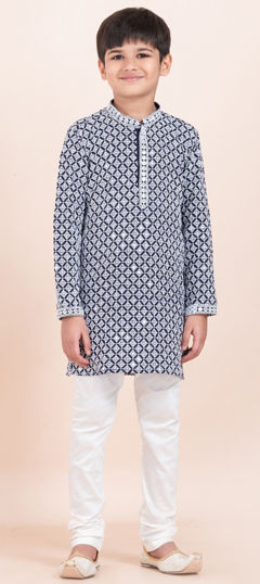 Blue, White and Off White color Boys Kurta Pyjama in Rayon fabric with Embroidered, Sequence, Thread work