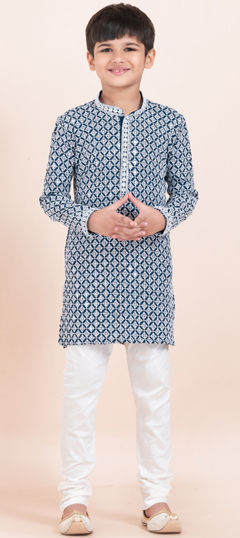 Blue, White and Off White color Boys Kurta Pyjama in Rayon fabric with Embroidered, Sequence, Thread work