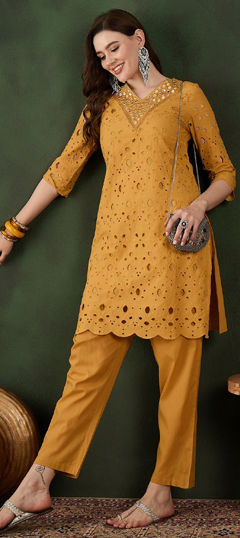 Yellow color Salwar Kameez in Cotton fabric with Mirror work