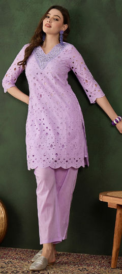 Purple and Violet color Salwar Kameez in Cotton fabric with Mirror work