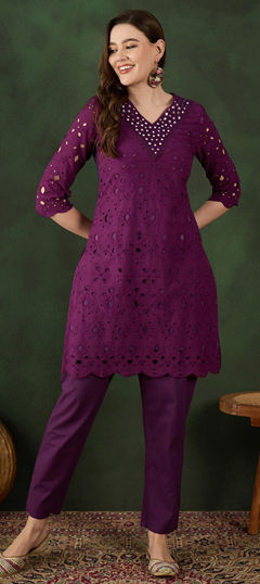 Purple and Violet color Salwar Kameez in Cotton fabric with Mirror work