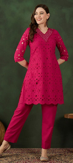 Red and Maroon color Salwar Kameez in Cotton fabric with Mirror work