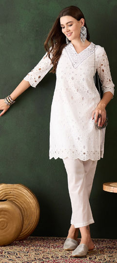 White and Off White color Salwar Kameez in Cotton fabric with Mirror work