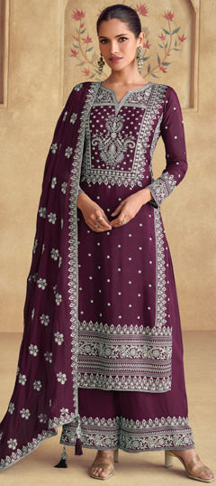 Pink and Majenta color Salwar Kameez in Faux Georgette fabric with Embroidered, Sequence, Thread work