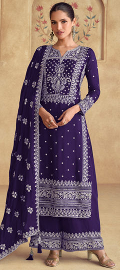 Purple and Violet color Salwar Kameez in Faux Georgette fabric with Embroidered, Sequence, Thread work