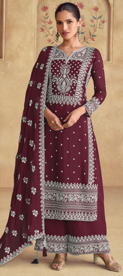 Red and Maroon color Salwar Kameez in Faux Georgette fabric with Embroidered, Sequence, Thread work