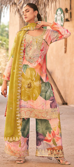 Multicolor color Salwar Kameez in Silk fabric with Embroidered, Floral, Printed, Stone, Thread, Zari work