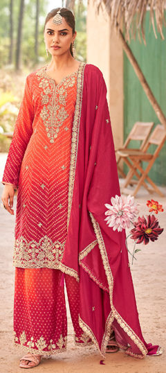 Orange color Salwar Kameez in Silk fabric with Bandhej, Embroidered, Printed, Sequence, Thread, Zari work