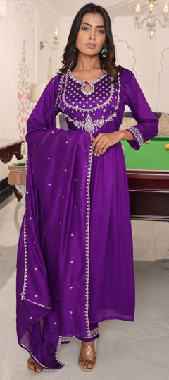 Purple and Violet color Salwar Kameez in Silk fabric with Embroidered, Resham, Thread work
