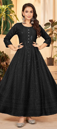 Black and Grey color Gown in Rayon fabric with Embroidered, Sequence, Thread work