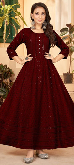 Red and Maroon color Gown in Rayon fabric with Embroidered, Sequence, Thread work