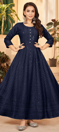 Blue color Gown in Rayon fabric with Embroidered, Sequence, Thread work