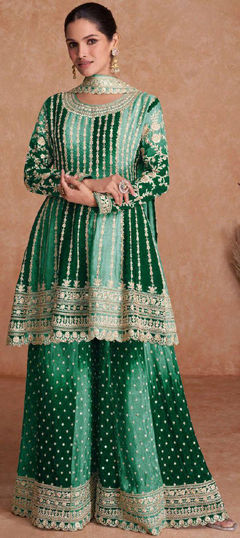 Green color Salwar Kameez in Silk fabric with Embroidered, Thread work