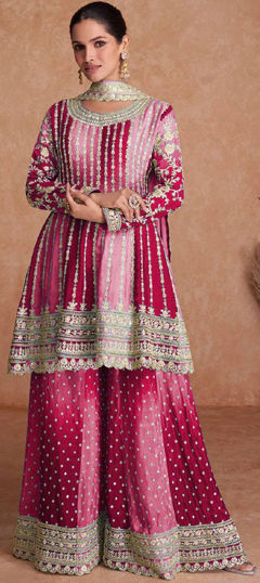 Pink and Majenta color Salwar Kameez in Silk fabric with Embroidered, Thread work