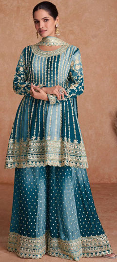 Blue color Salwar Kameez in Silk fabric with Embroidered, Thread work