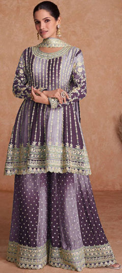 Purple and Violet color Salwar Kameez in Silk fabric with Embroidered, Thread work