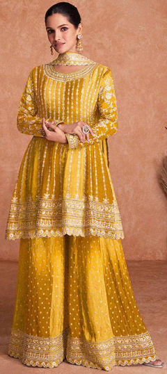 Yellow color Salwar Kameez in Silk fabric with Embroidered, Thread work