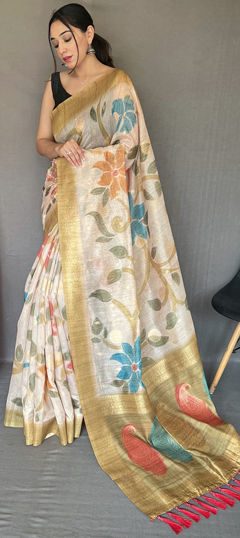 Gold, White and Off White color Saree in Chanderi Silk fabric with Digital Print, Floral, Weaving work