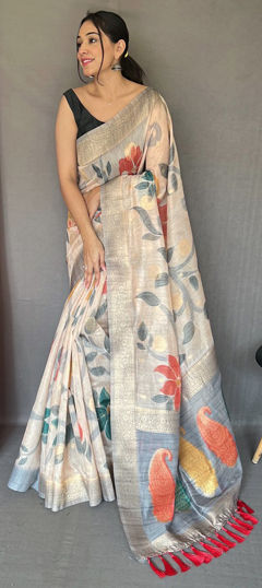 Black and Grey, White and Off White color Saree in Chanderi Silk fabric with Digital Print, Floral, Weaving work