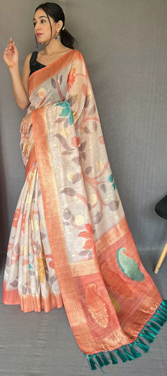 Pink and Majenta, White and Off White color Saree in Chanderi Silk fabric with Digital Print, Floral, Weaving work