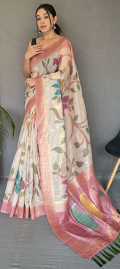 Pink and Majenta, White and Off White color Saree in Chanderi Silk fabric with Digital Print, Floral, Weaving work