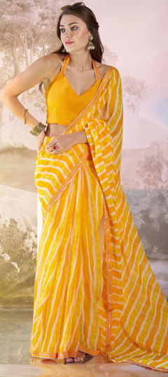 Yellow color Saree in Georgette fabric with Lace, Lehariya, Printed work