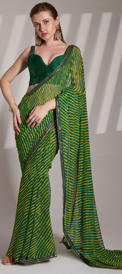 Green color Saree in Georgette fabric with Lace, Lehariya, Printed work