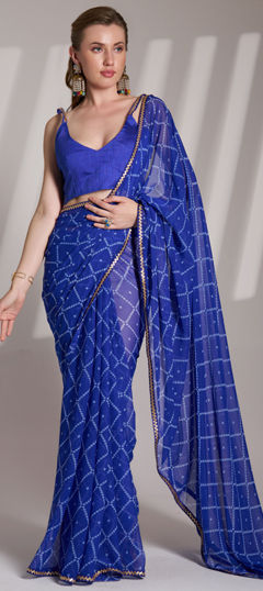 Blue color Saree in Georgette fabric with Bandhej, Lace, Printed work