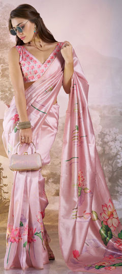 Pink and Majenta color Saree in Linen fabric with Floral, Lace, Printed work