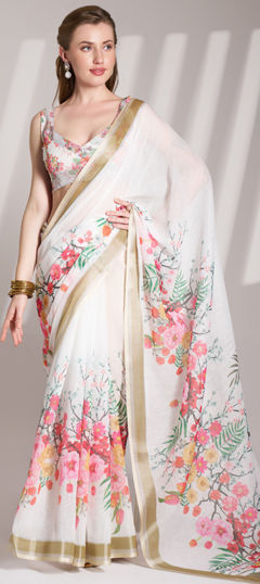 White and Off White color Saree in Linen fabric with Floral, Lace, Printed work