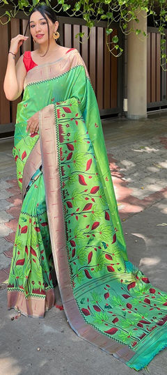 Green color Saree in Banarasi Silk fabric with Weaving, Zari work