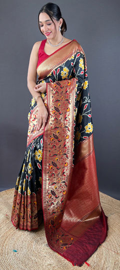 Black and Grey color Saree in Silk fabric with Weaving, Zari work