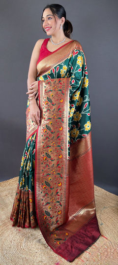 Green color Saree in Silk fabric with Weaving, Zari work