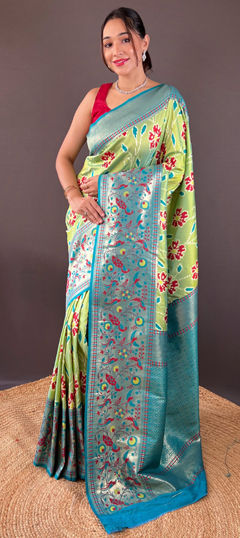 Green color Saree in Silk fabric with Weaving, Zari work