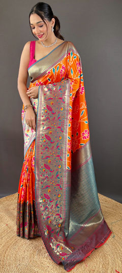 Orange color Saree in Silk fabric with Weaving, Zari work