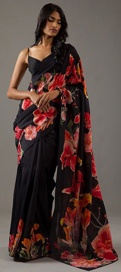 Black and Grey color Saree in Faux Georgette fabric with Floral, Lace, Printed work