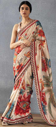 Beige and Brown color Saree in Faux Georgette fabric with Floral, Lace, Printed work