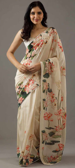 Beige and Brown color Saree in Faux Georgette fabric with Floral, Lace, Printed work