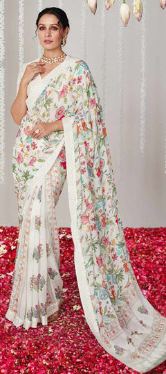 White and Off White color Saree in Faux Georgette fabric with Floral, Lace, Printed work