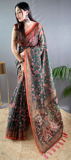 Green color Saree in Cotton fabric with Printed work