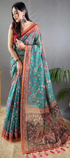 Blue color Saree in Cotton fabric with Printed work