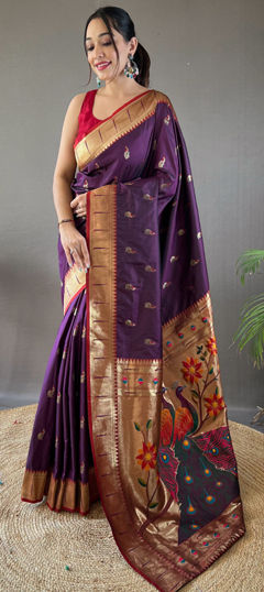 Purple and Violet color Saree in Silk fabric with Weaving, Zari work