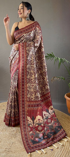 Beige and Brown color Saree in Silk fabric with Digital Print work